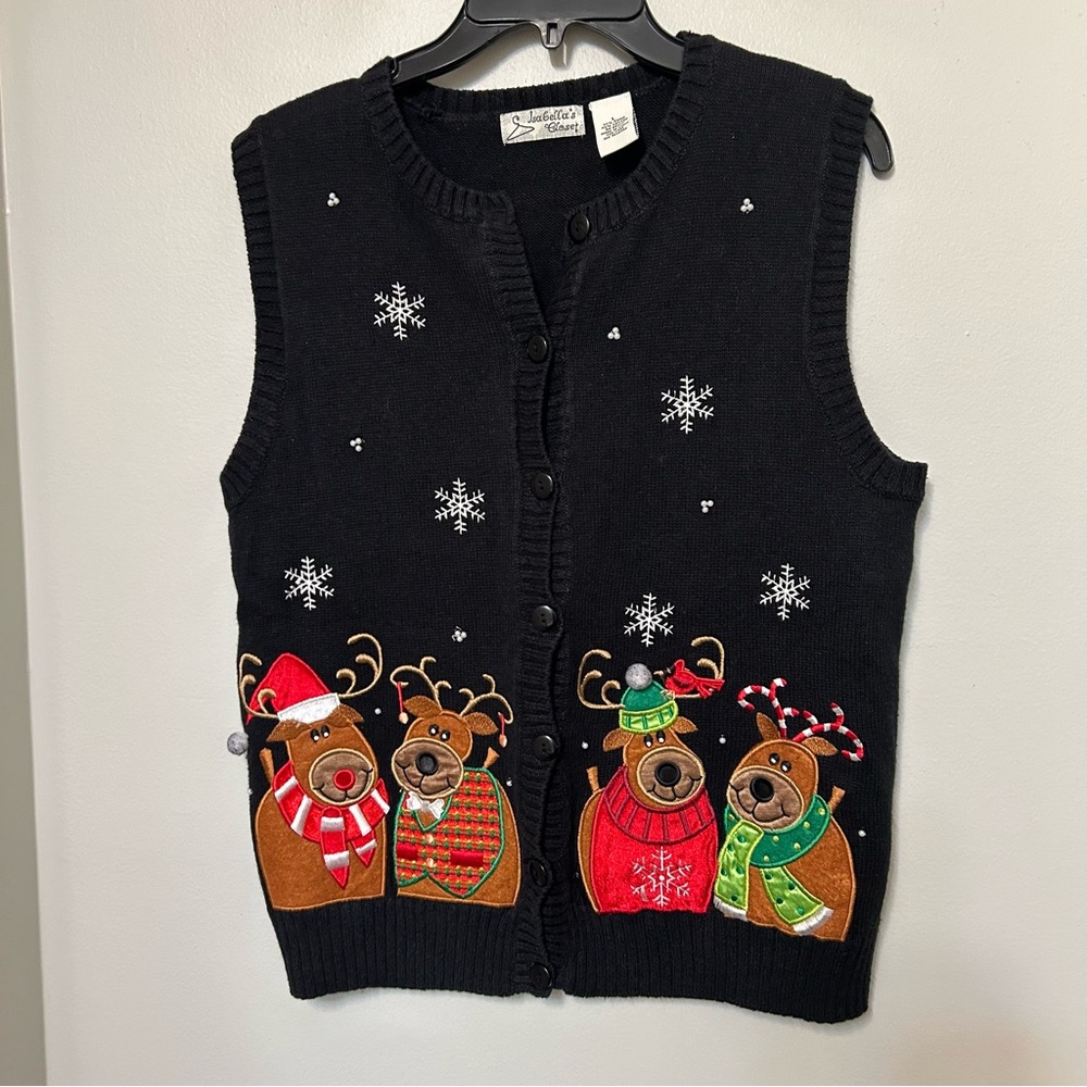 Isabellas Closet Black‎ Holiday Christmas Reindeer Button Up Sweater Vest L VTG